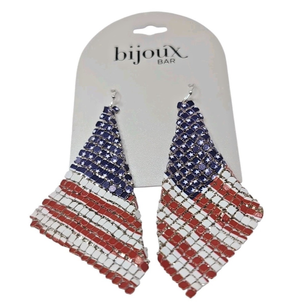 Patriotic American Flag Mesh Dangle Earrings Independence Day 4th of July USA